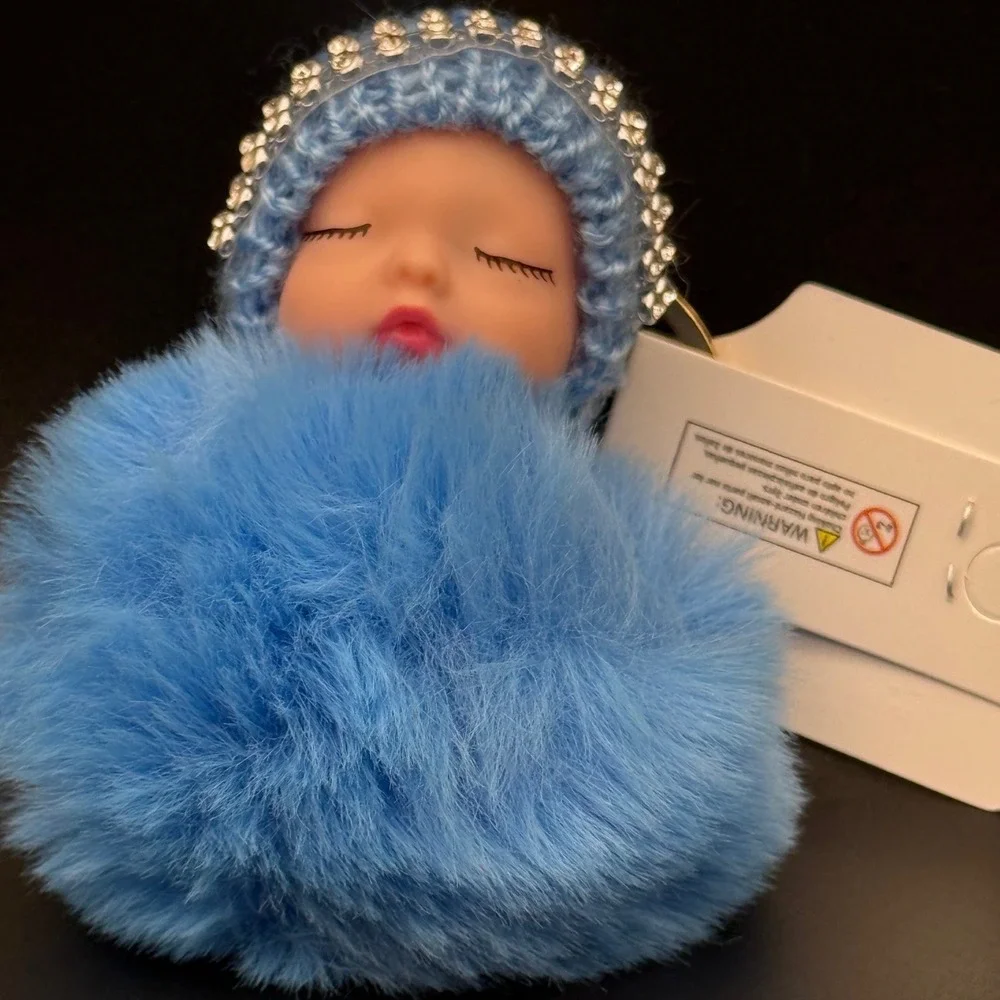 Baby Doll Charm Blue Faux Fur‎ Beanie Rhinestone Keychain